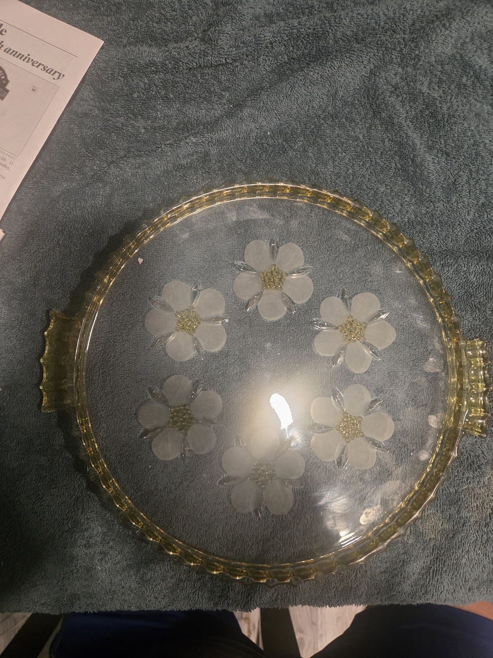 Vintage Amber Glass Round Serving Tray Frosted Dogwood Flowers Tab Handles